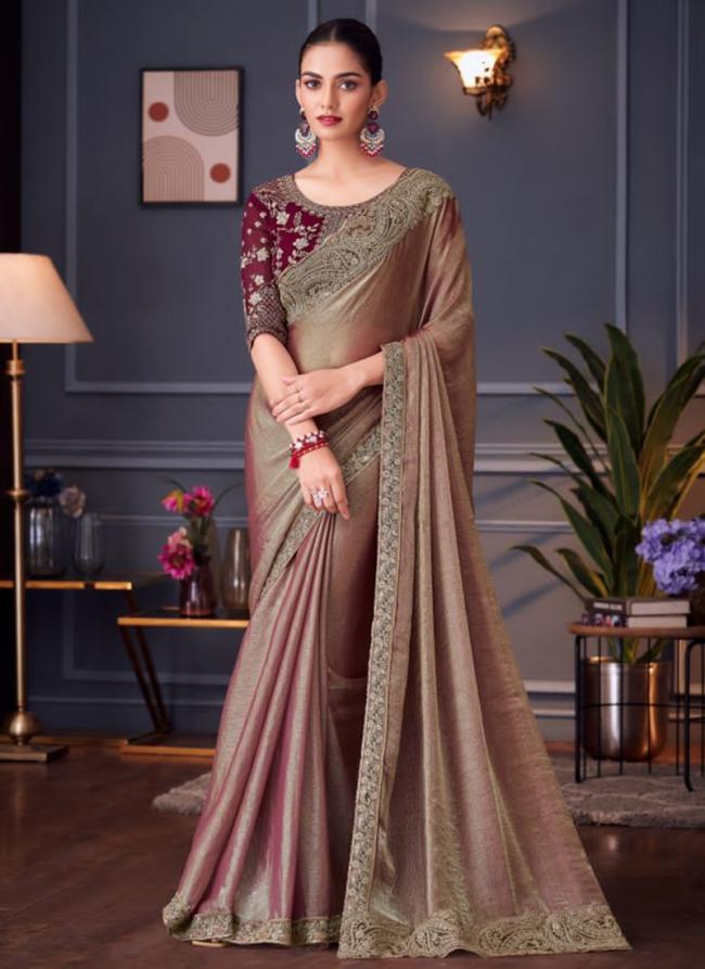 Silk Beige Party Wear Embroidery Work Saree